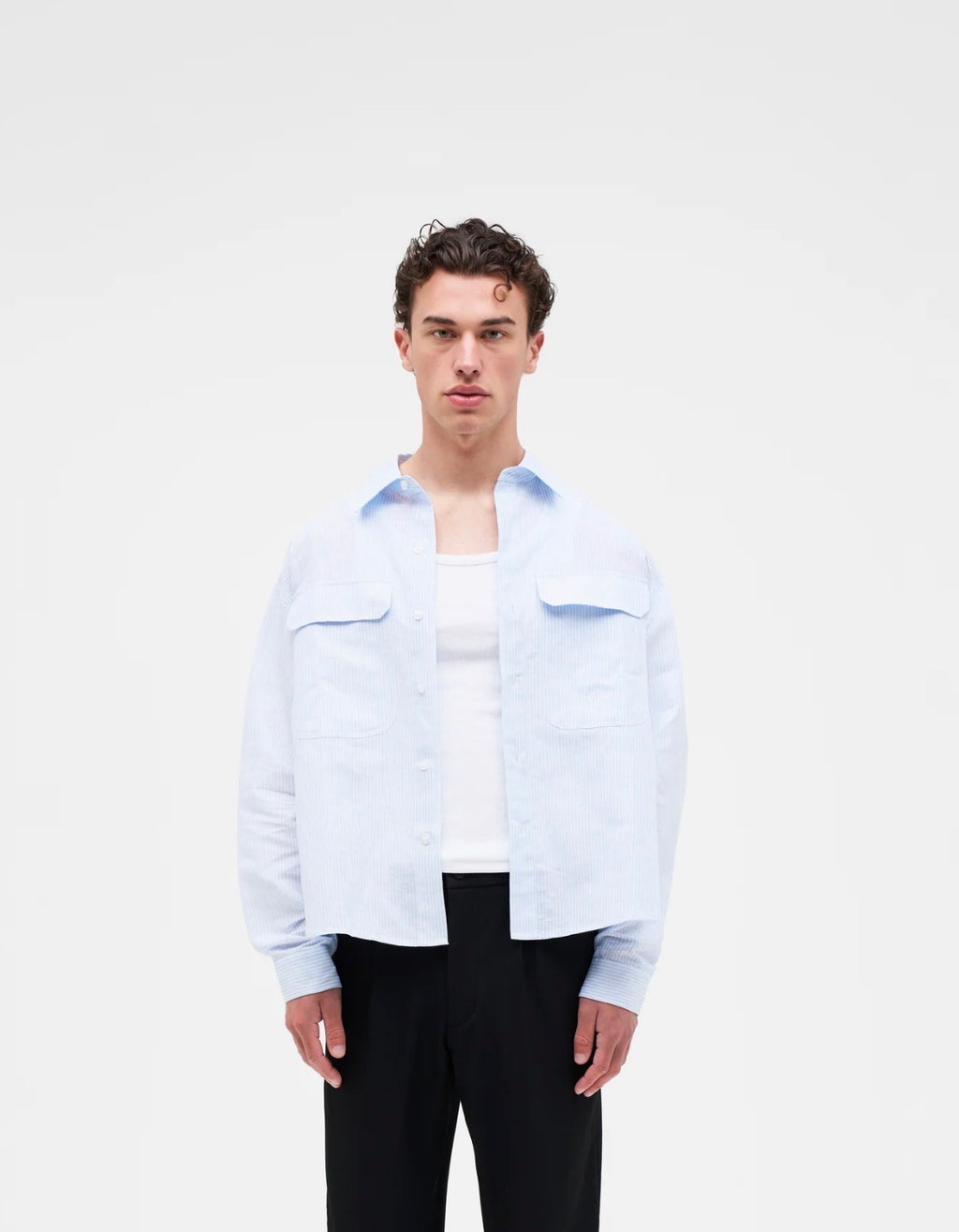 Linen Utility Overshirt | Sky Blue Stripe