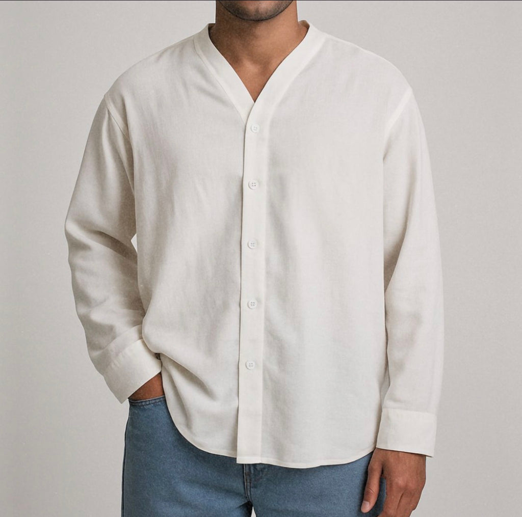V-Neck Minimalist Linen Shirt | Bone White