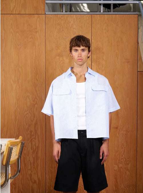 Boxy Utility Linen Shirt | Sky Blue Stripe