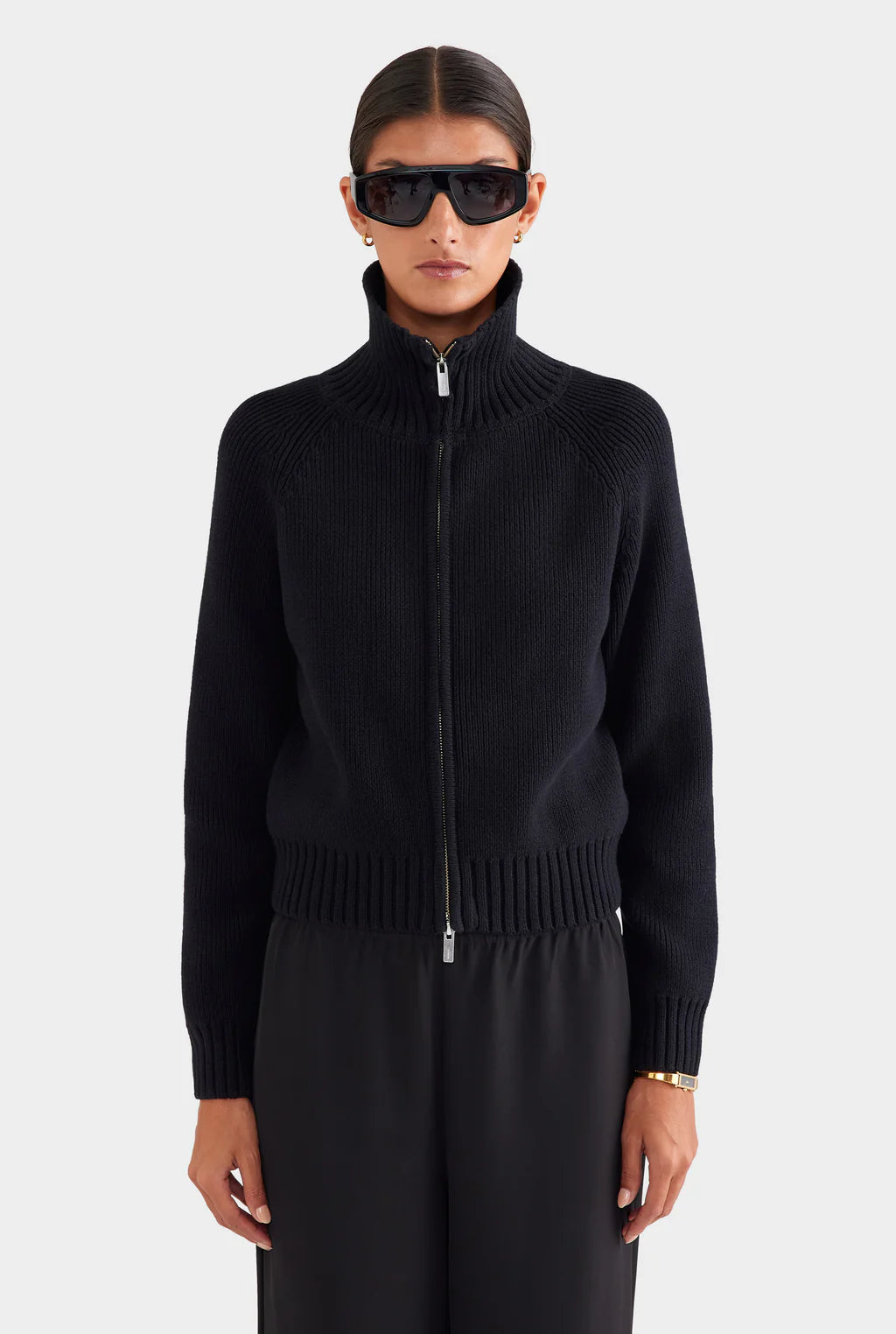 Ribbed Full-Zip Cardigan in Onyx